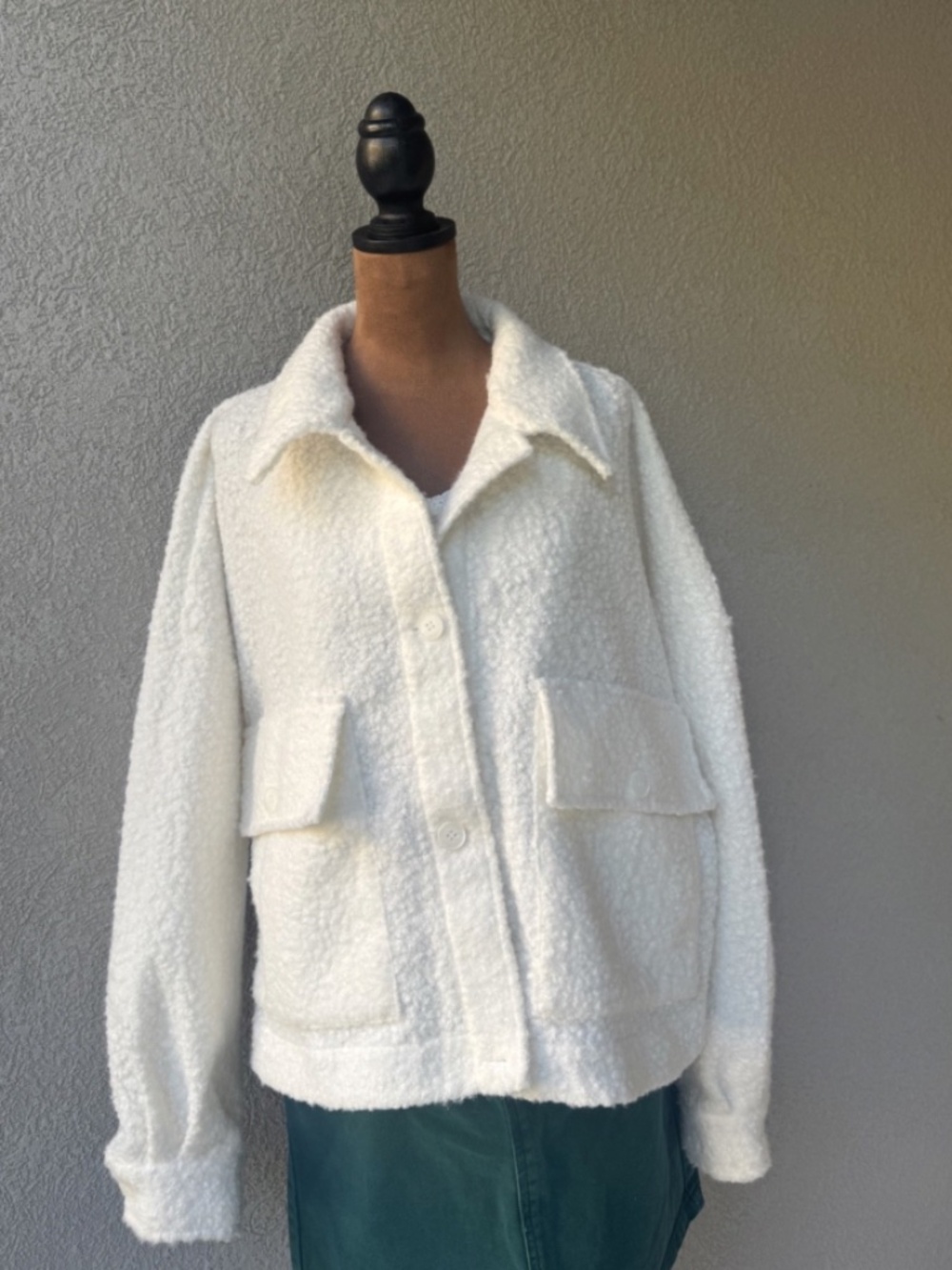 Cream Teddy Bouclé Button Up Jacket Cozy Overshirt Size XL